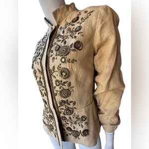 Alberta Feretti natural linen cropped jacket w/ beaded and sequin embellishment